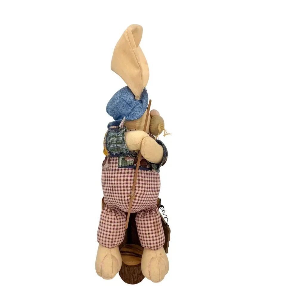 PRIMITIVE AMERICANA FISHING PLUSH BUNNY RABBIT ON LOG BASE w/ GLASSES EASTER